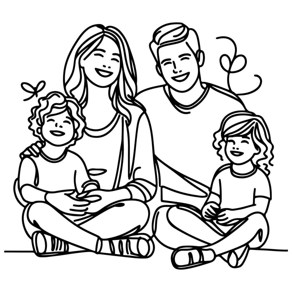 Continuous one black line art drawing happy family father and mother with child doodles style vector illustration on white