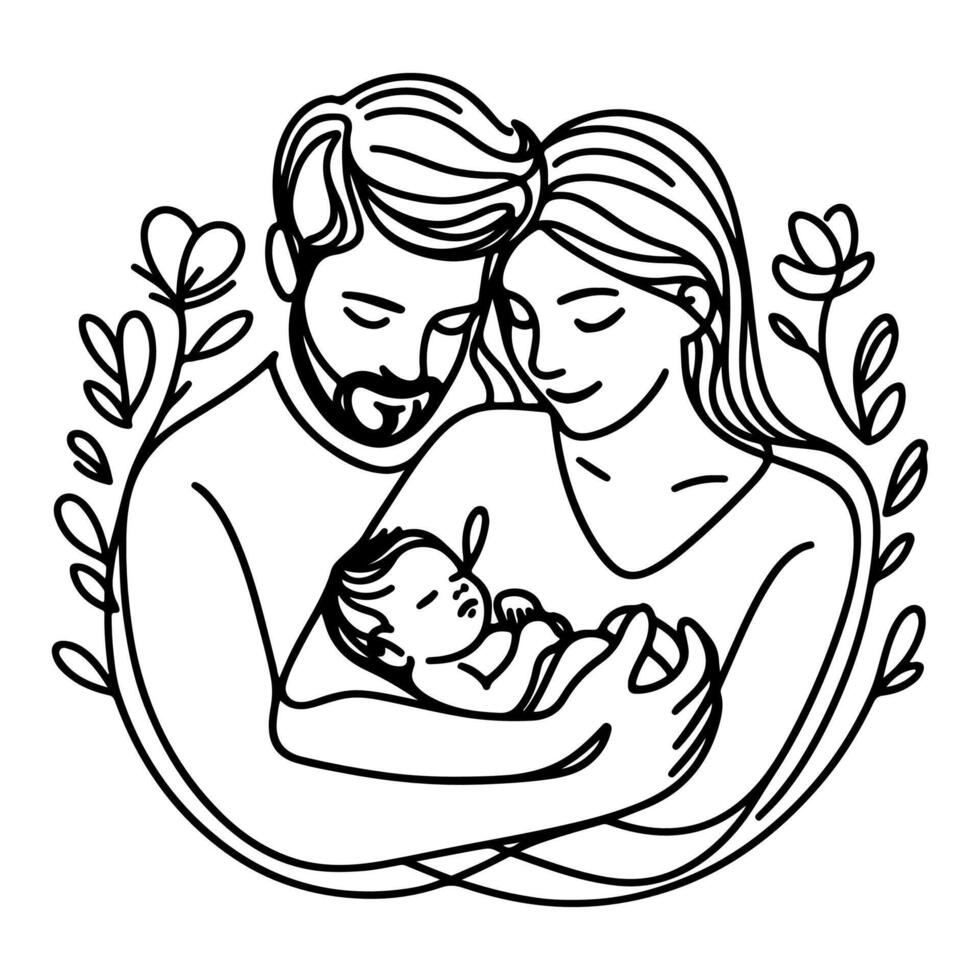 continuo uno negro línea Arte dibujo padres con recién nacido bebé garabatos contorno estilo vector ilustración en blanco antecedentes
