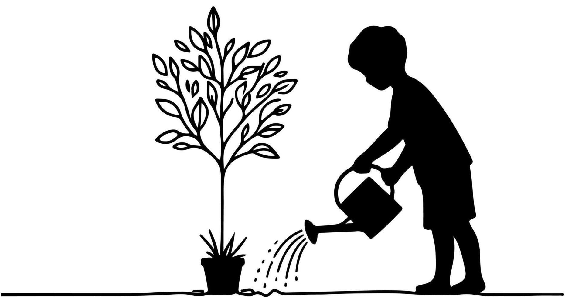 Continuous one black line art drawing Silhouette of children watering a tree. planting tree to save the world and earth day reduce global warming growth concept vector illustration on white background