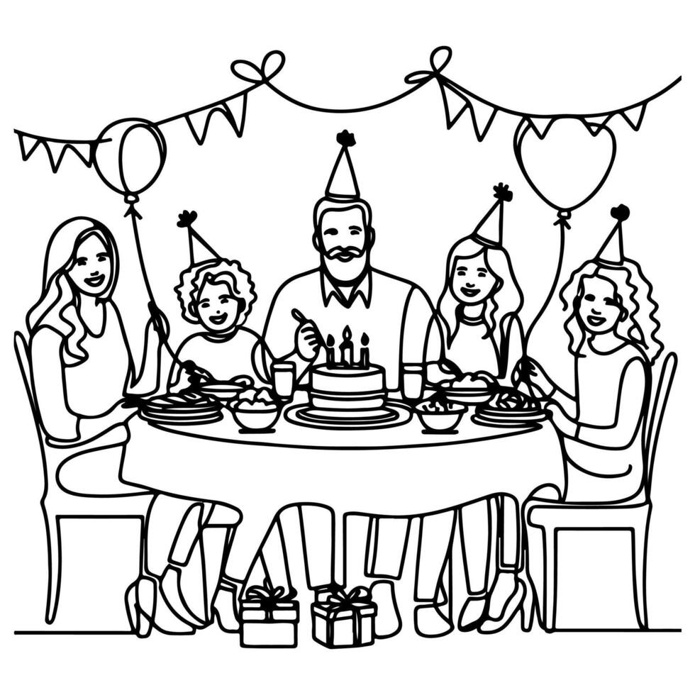 single continuous drawing black line family dinner sitting at table to celebration anniversary birthday party doodles vector