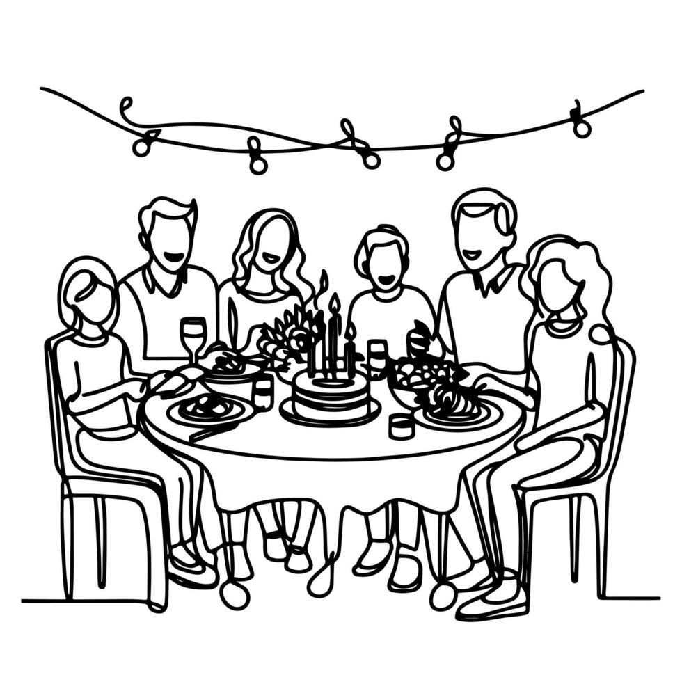 single continuous drawing black line family dinner sitting at table to celebration anniversary birthday party doodles vector