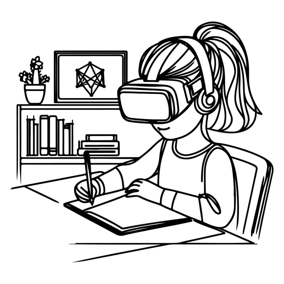 single continuous drawing black line art linear girl using virtual reality headset simulator glasses to learn new technology vector