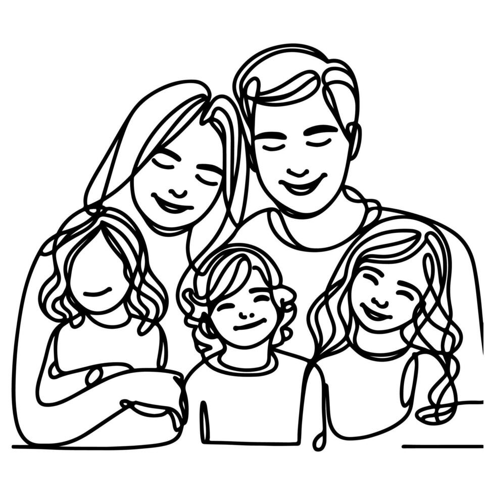 Continuous one black line art drawing happy family father and mother with child doodles style vector illustration on white