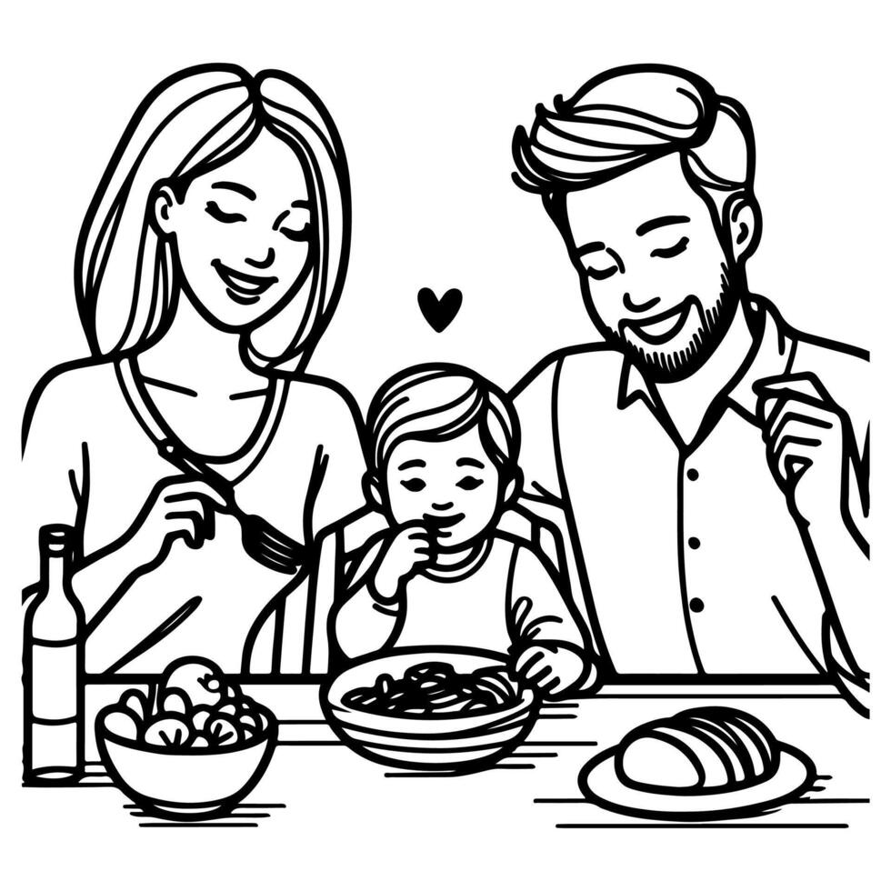 continuo uno negro línea Arte dibujo contento familia padre y madre con niño. teniendo cena sentado a mesa garabatos estilo vector ilustración en blanco antecedentes