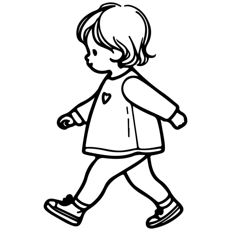 continuo uno negro línea Arte mano dibujo niño caminando garabatos contorno dibujos animados caracteres estilo colorante página vector ilustración en blanco antecedentes