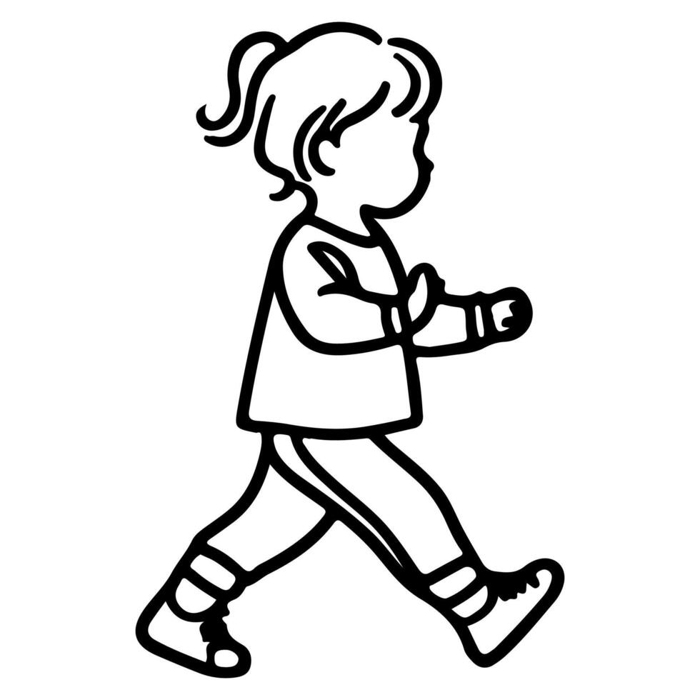 Continuous one black line art hand drawing child walking doodles outline cartoon characters style coloring page vector illustration  on white background