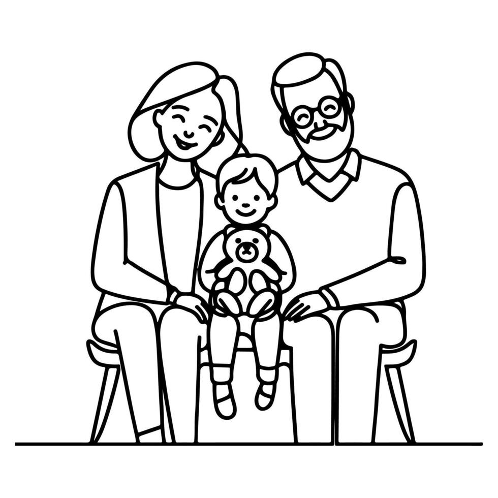 continuo uno negro línea Arte dibujo contento familia padre y madre con niño garabatos estilo vector ilustración en blanco