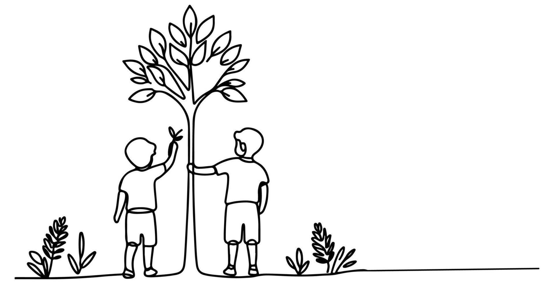 continuo uno negro línea Arte dibujo silueta de niños plantando árbol. pala alojamiento raíces planta dentro suelo a salvar el mundo y tierra día reducir global calentamiento crecimiento vector