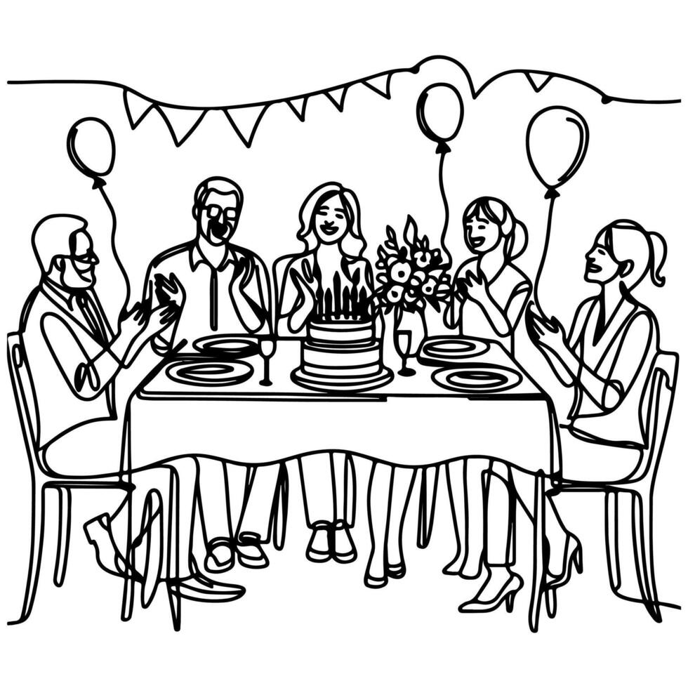 single continuous drawing black line family dinner sitting at table to celebration anniversary birthday party doodles vector