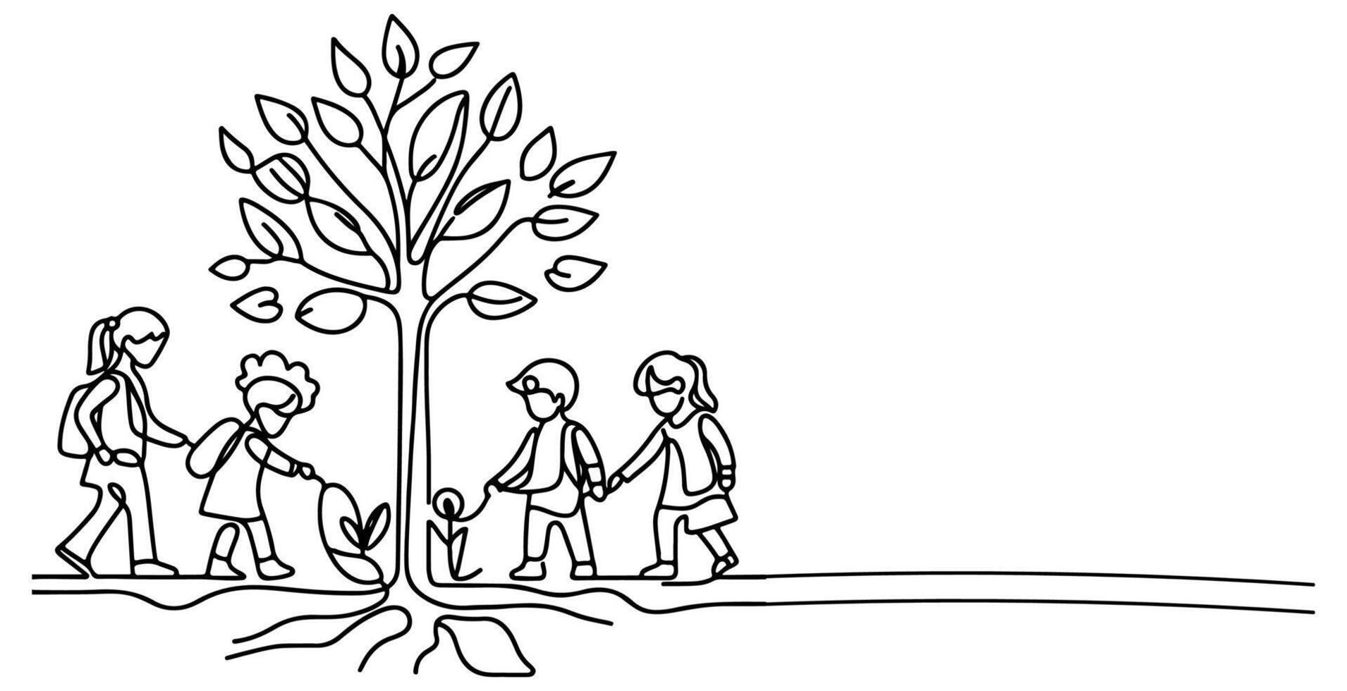 Continuous one black line art drawing Silhouette of children planting tree. Shovel digs roots plant into ground to save the world and earth day reduce global warming growth vector