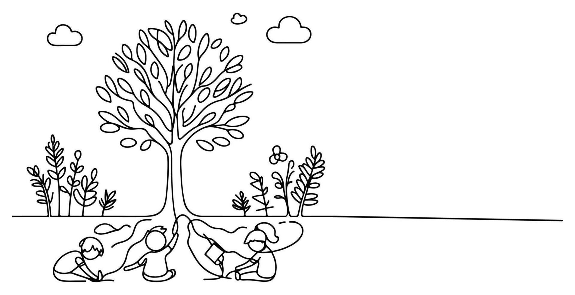 continuo uno negro línea Arte dibujo silueta de niños plantando árbol. pala alojamiento raíces planta dentro suelo a salvar el mundo y tierra día reducir global calentamiento crecimiento vector