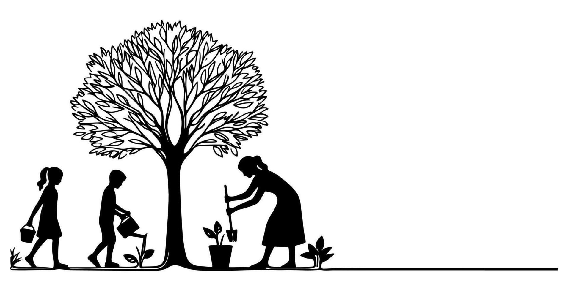 Continuous one black line art drawing Silhouette of children planting tree. Shovel digs roots plant into ground to save the world and earth day reduce global warming growth vector