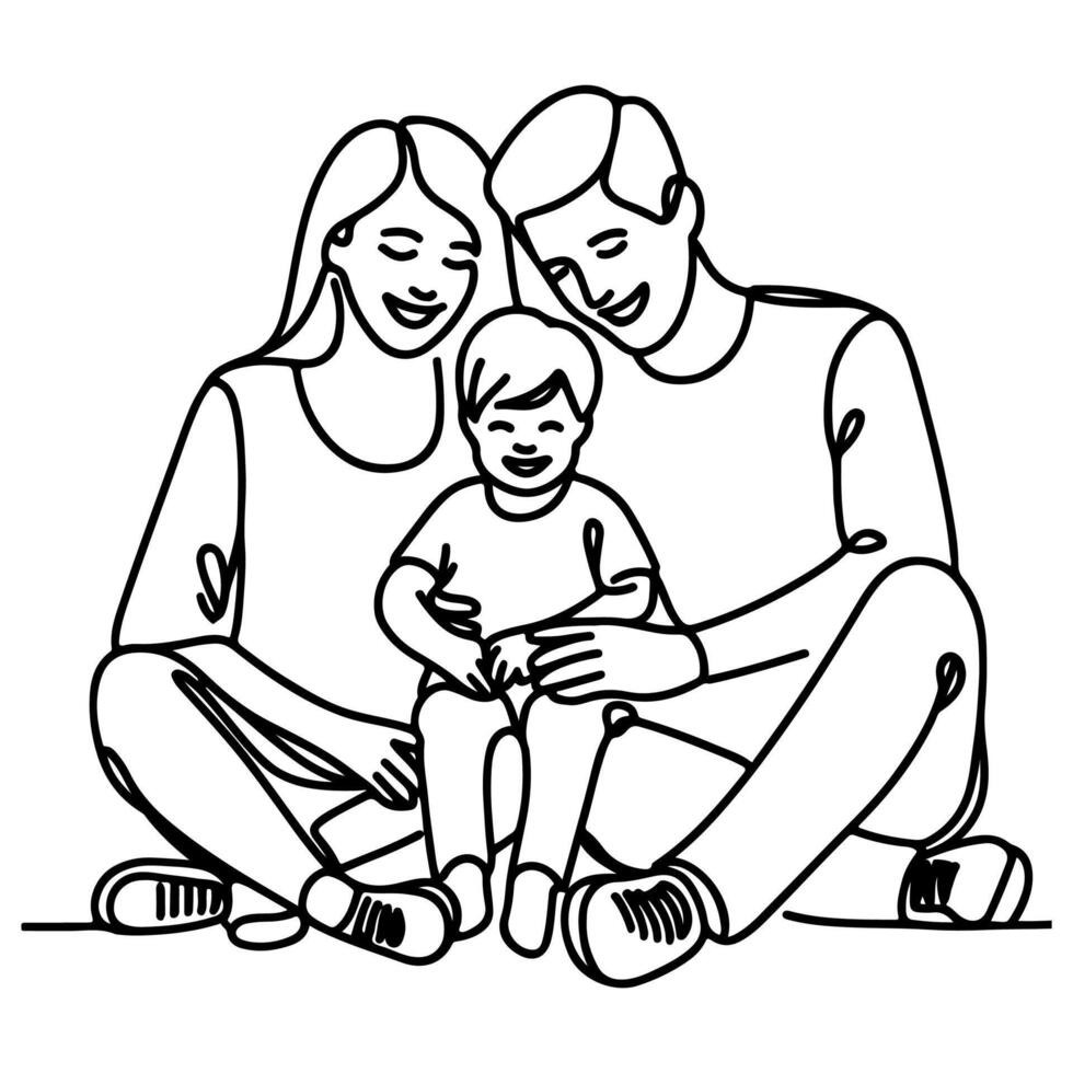 continuo uno negro línea Arte dibujo contento familia padre y madre con niño garabatos estilo vector ilustración en blanco