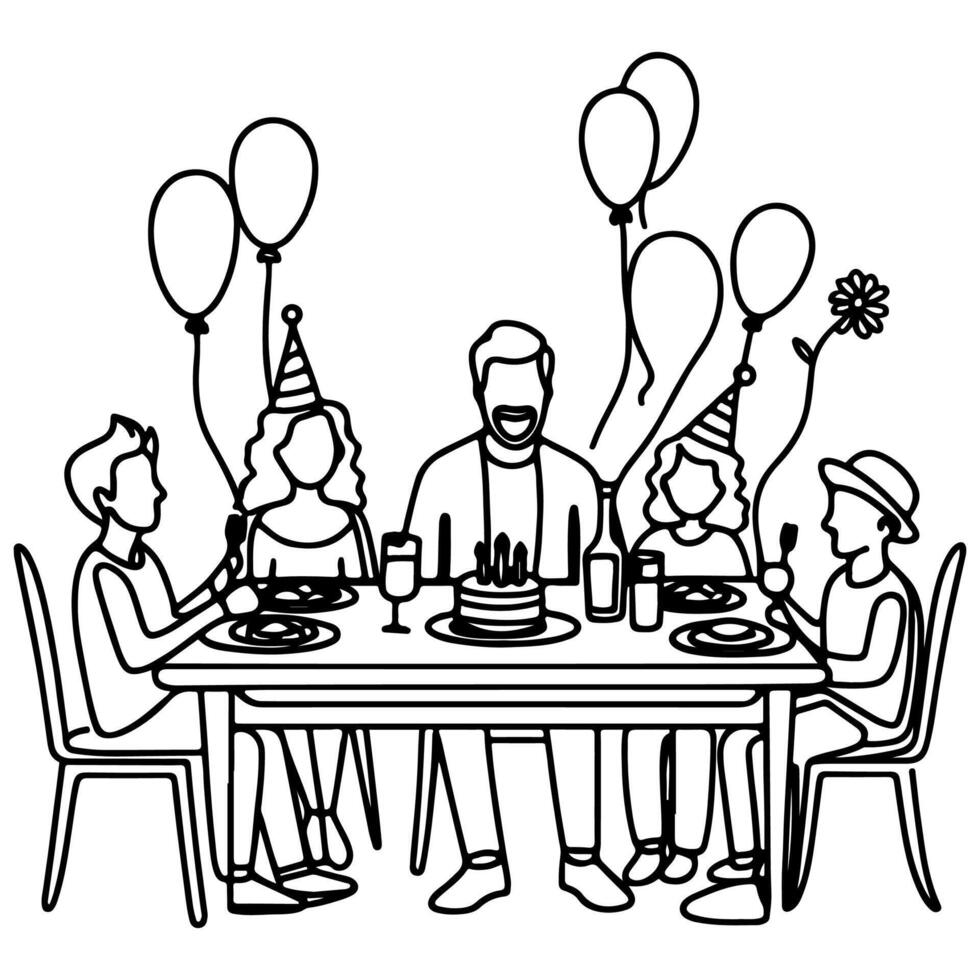 single continuous drawing black line family dinner sitting at table to celebration anniversary happy birthday party doodles vector