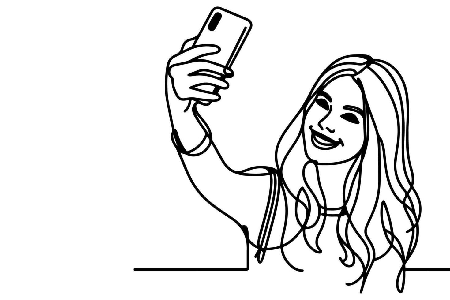 continuous one black line art drawing cheerful young girl holding smartphone to taking acting selfie or video call through mobile phone outline doodle vector family travel concept