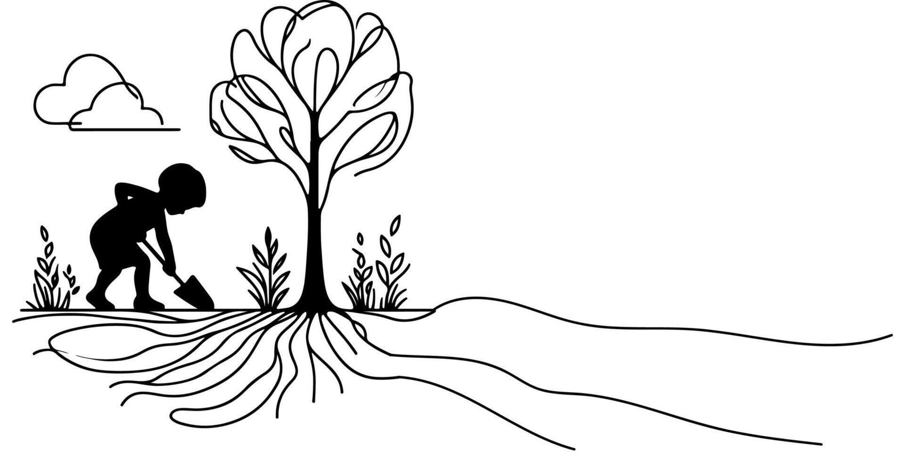 continuo uno negro línea Arte dibujo silueta de niños plantando árbol. pala alojamiento raíces planta dentro suelo a salvar el mundo y tierra día reducir global calentamiento crecimiento vector