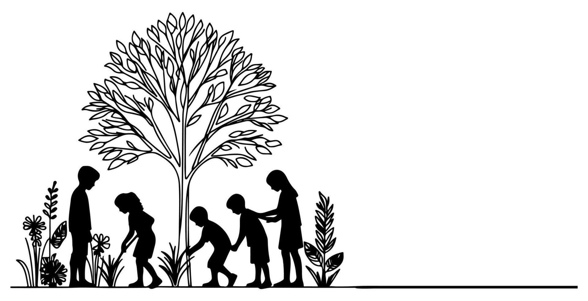 Continuous one black line art drawing Silhouette of children planting tree. Shovel digs roots plant into ground to save the world and earth day reduce global warming growth vector