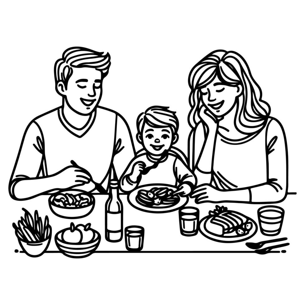 continuo uno negro línea Arte dibujo contento familia padre y madre con niño. teniendo cena sentado a mesa garabatos estilo vector ilustración en blanco antecedentes