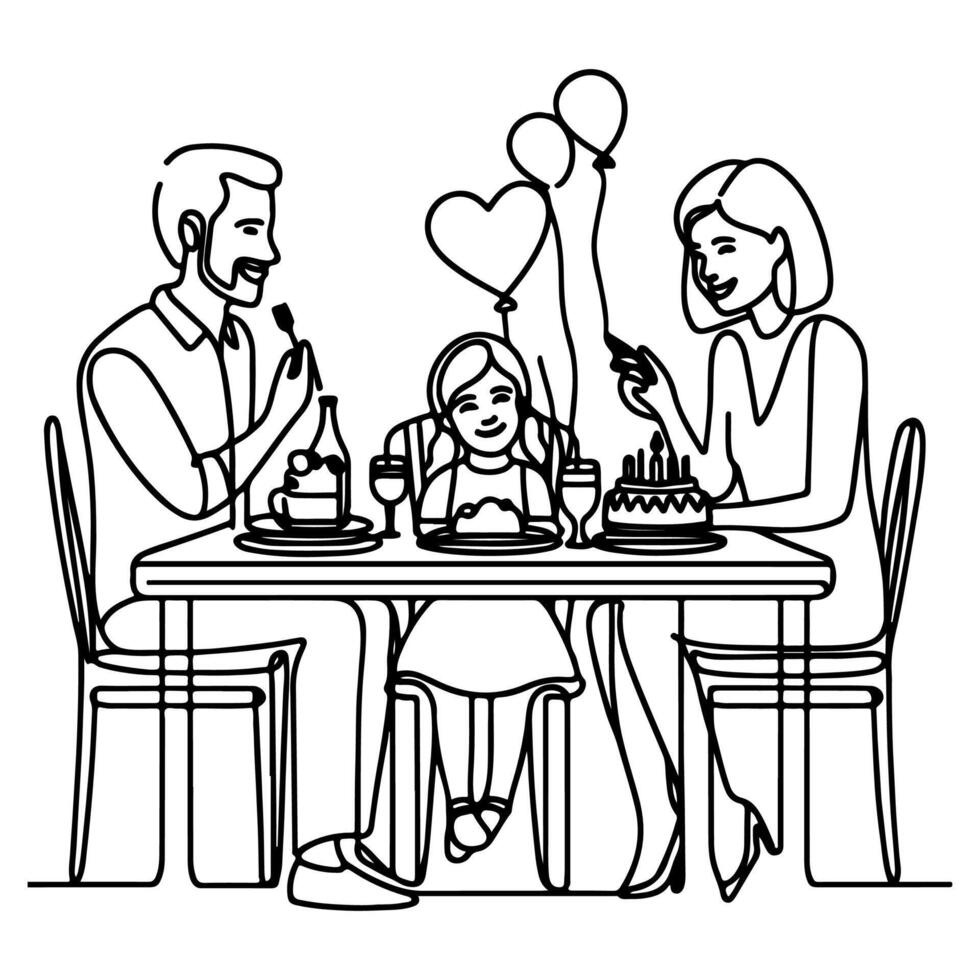 single continuous drawing black line family dinner sitting at table to celebration anniversary birthday party doodles vector