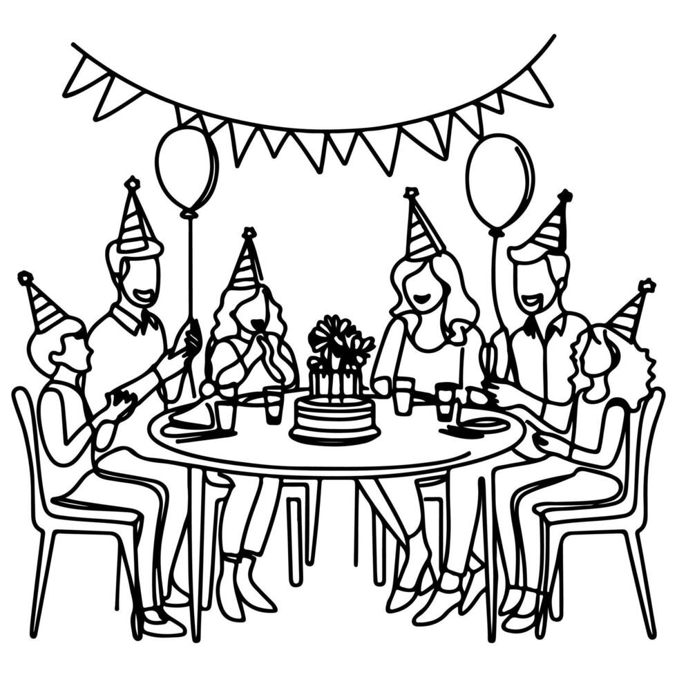 single continuous drawing black line family dinner sitting at table to celebration anniversary birthday party doodles vector