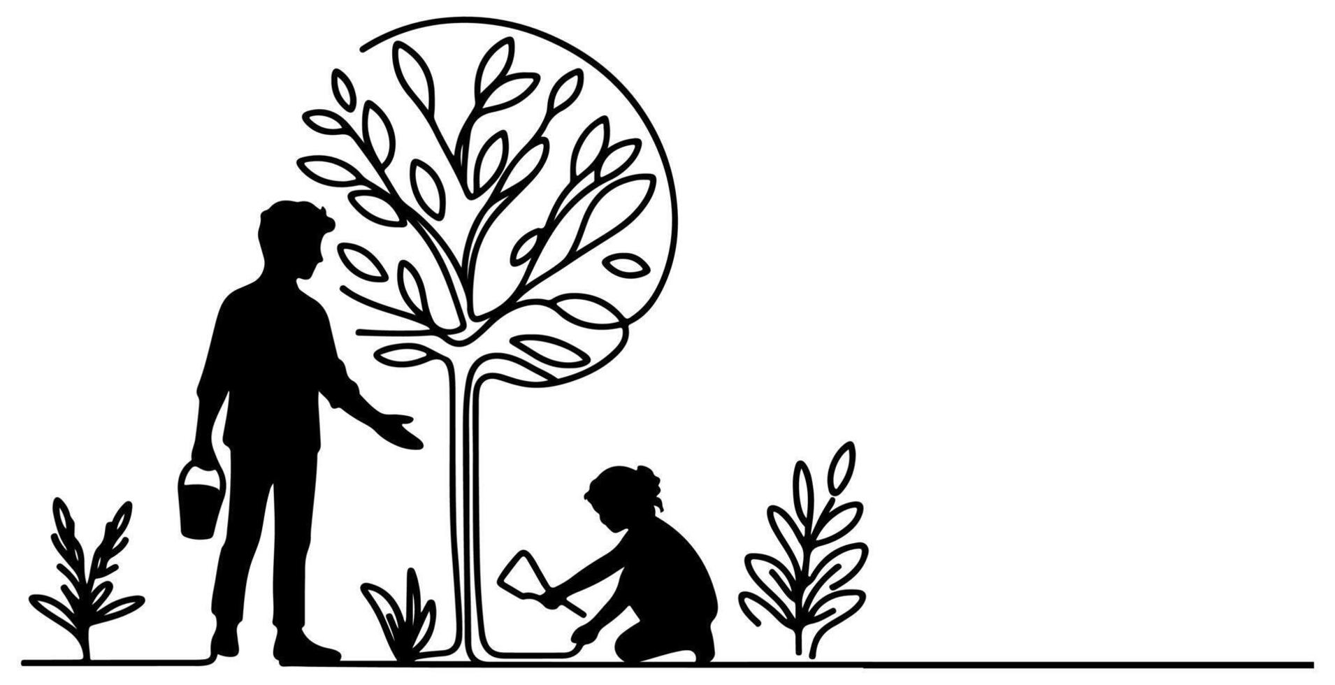 Continuous one black line art drawing Silhouette of children planting tree. Shovel digs roots plant into ground to save the world and earth day reduce global warming growth vector