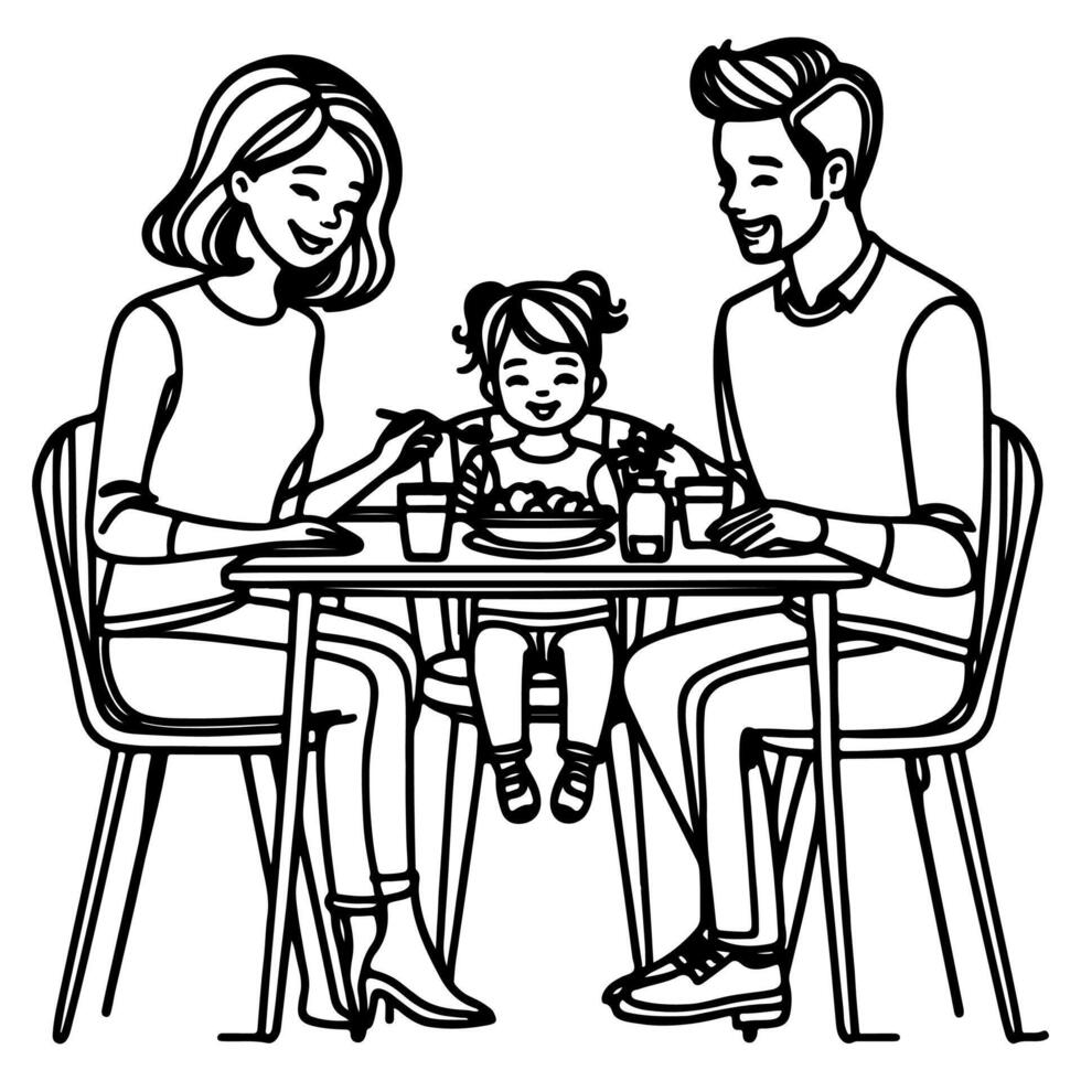 continuo uno negro línea Arte dibujo contento familia padre y madre con niño. teniendo cena sentado a mesa garabatos estilo vector ilustración en blanco antecedentes