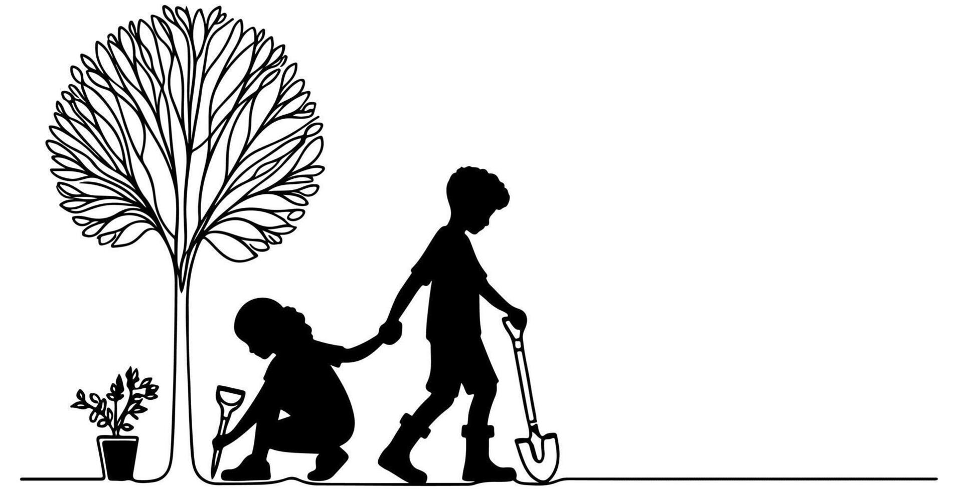 Continuous one black line art drawing Silhouette of children planting tree. Shovel digs roots plant into ground to save the world and earth day reduce global warming growth vector