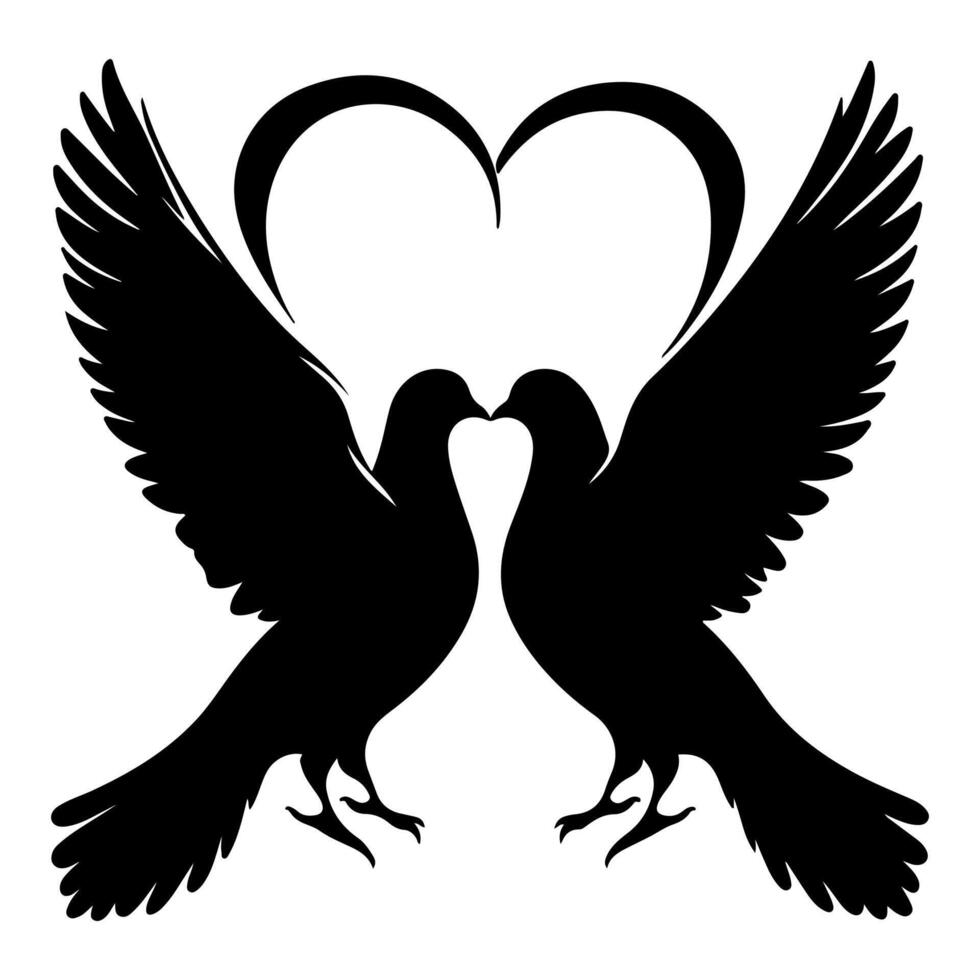 Birds fly to make a heart shape of love. hand drawing birth silhouette black outline art isolated on white background, vector illustration