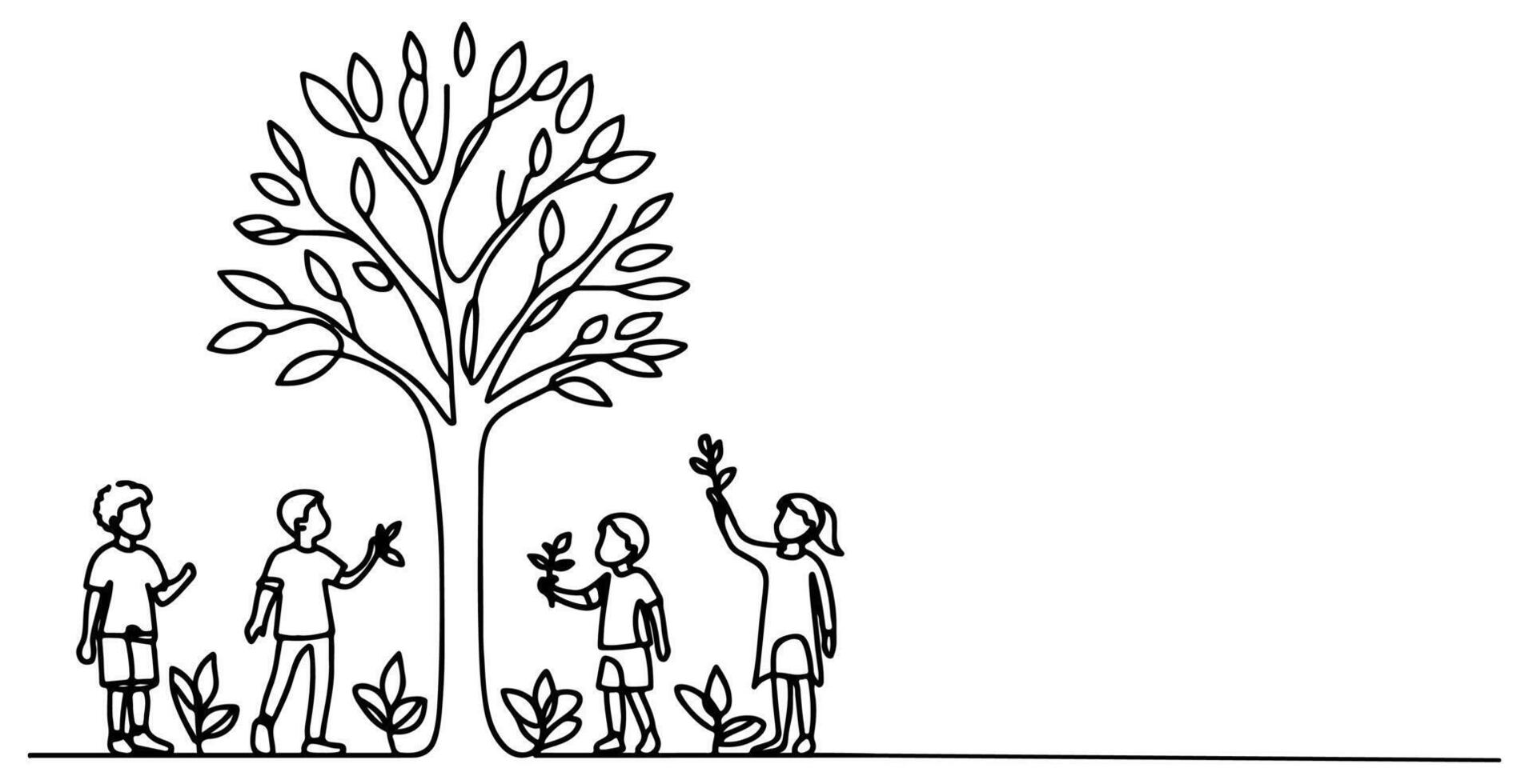 Continuous one black line art drawing Silhouette of children planting tree. Shovel digs roots plant into ground to save the world and earth day reduce global warming growth vector