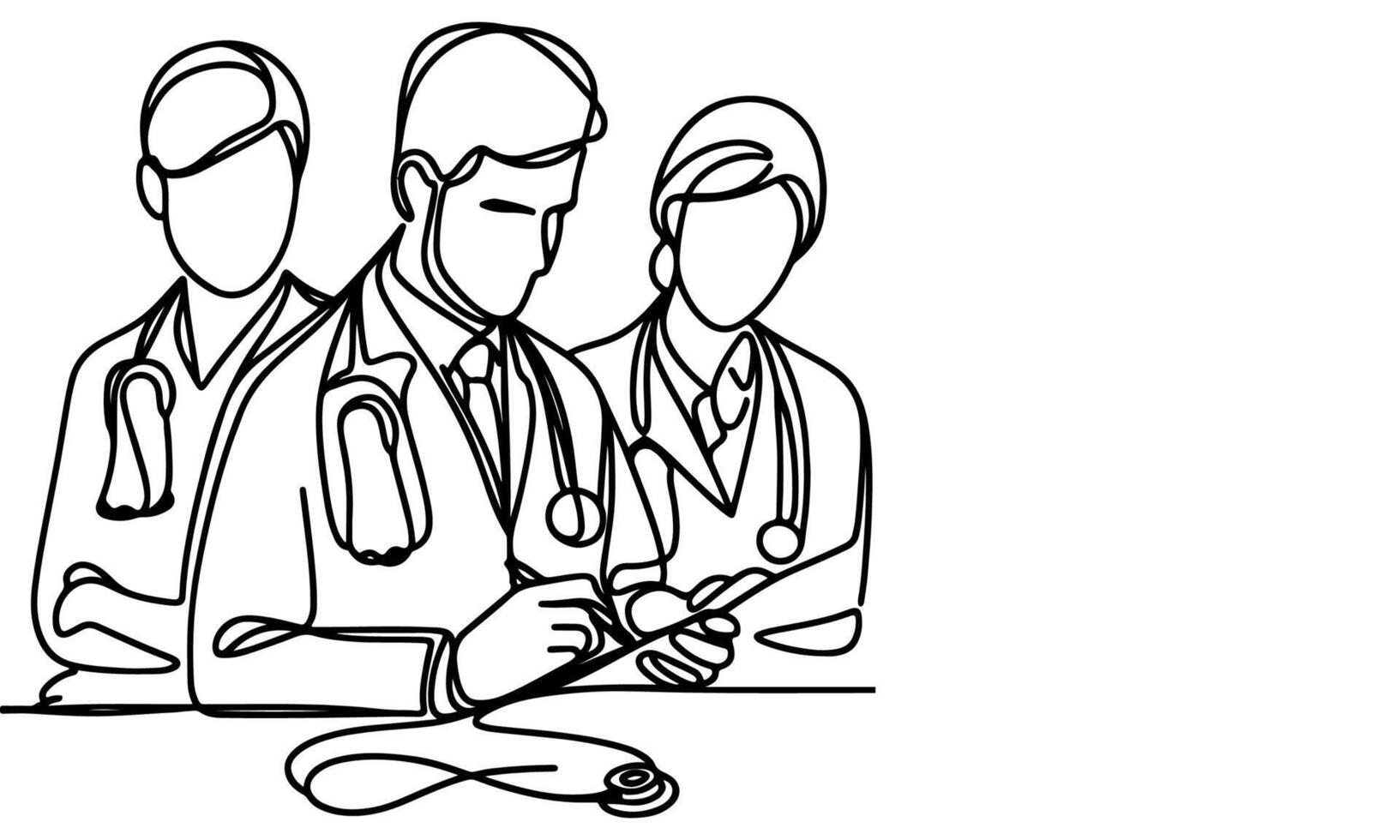 Continuous one black line art hand drawing doctors. National doctor day concept vector illustration on white background with copy space