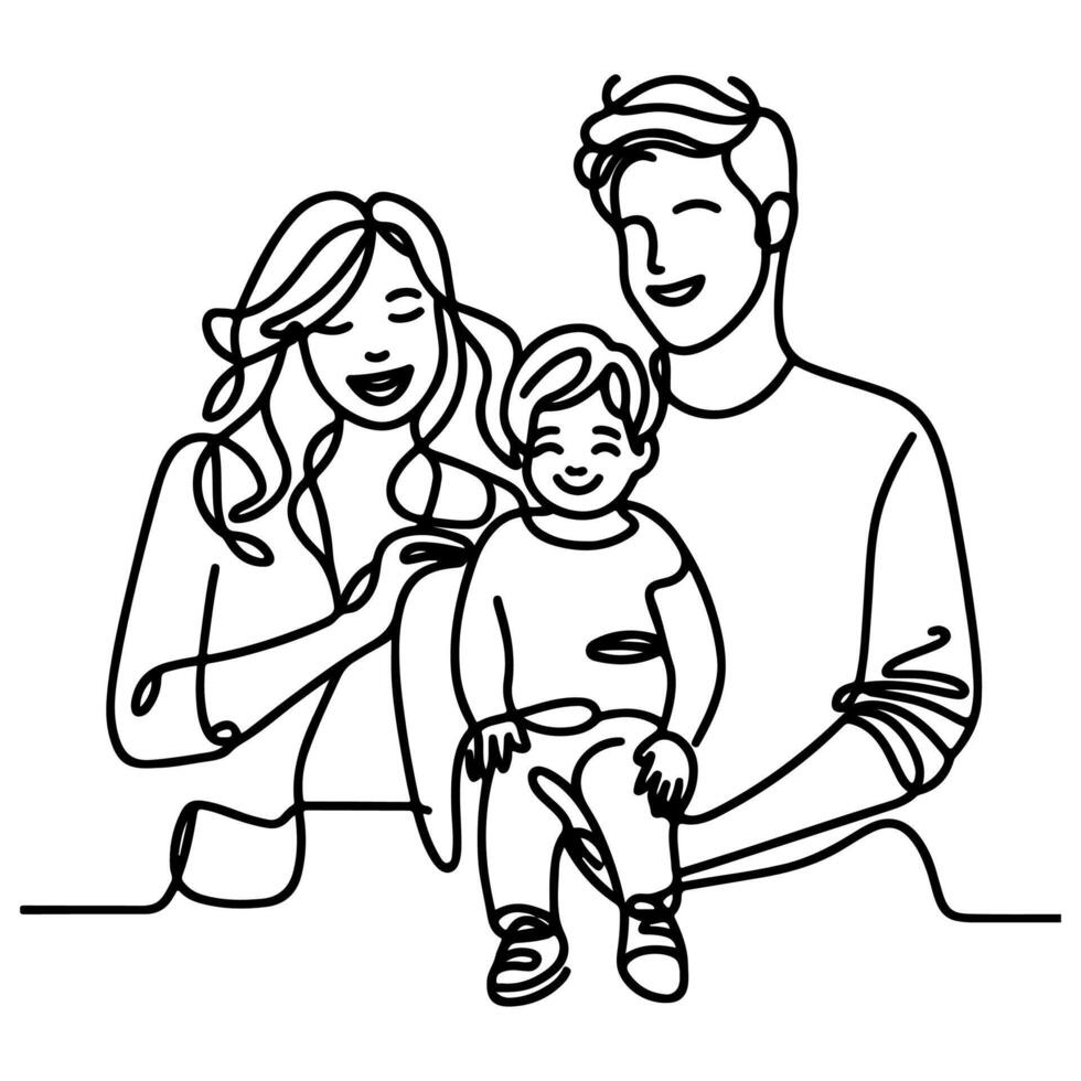 continuo uno negro línea Arte dibujo contento familia padre y madre con niño garabatos estilo vector ilustración en blanco