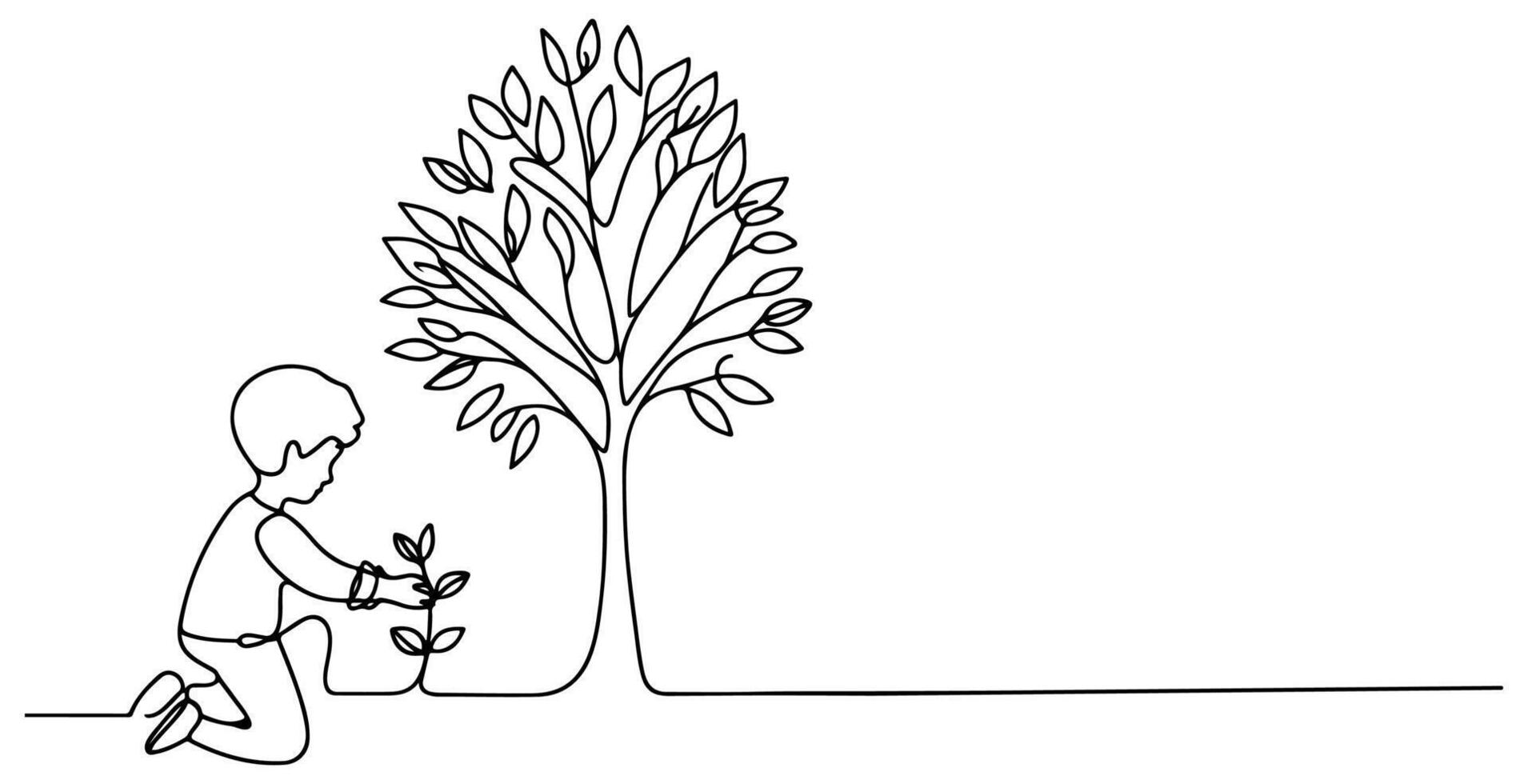 Continuous one black line art drawing Silhouette of children planting tree. Shovel digs roots plant into ground to save the world and earth day reduce global warming growth vector