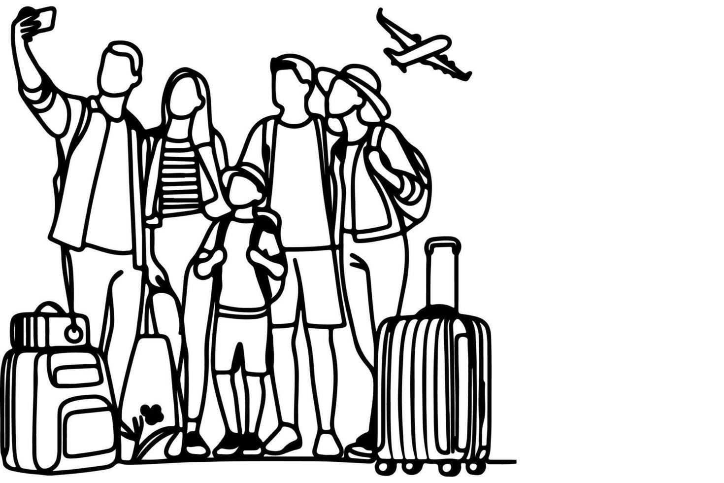 continuous one black line art drawing cheerful family taking acting selfie or video call through mobile phone outline doodle vector family travel concept