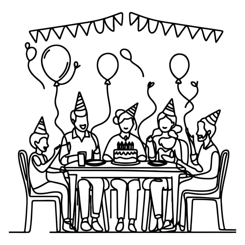 single continuous drawing black line family dinner sitting at table to celebration anniversary happy birthday party doodles vector