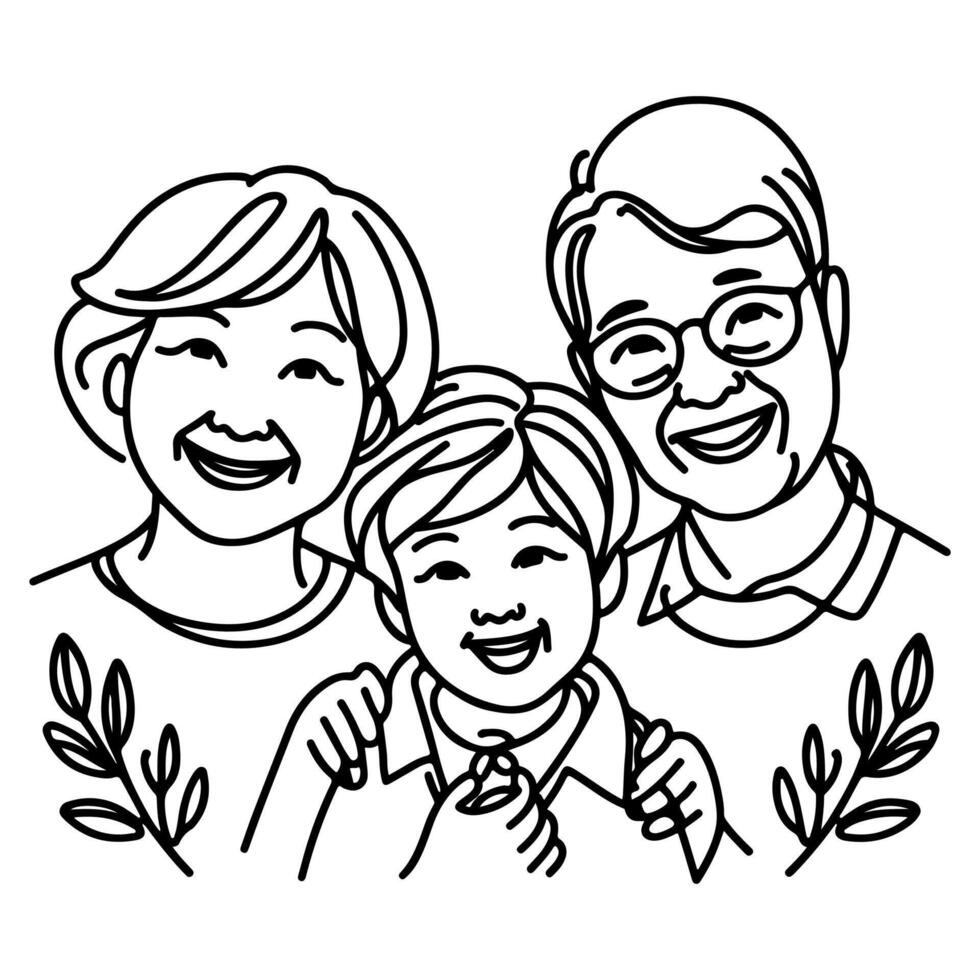 Continuous one black line art drawing happy family father and mother with child doodles style vector illustration on white