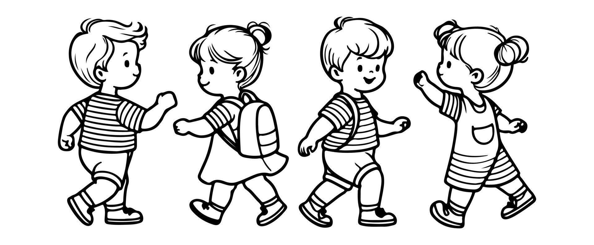 Continuous one black line art hand drawing child walking doodles outline cartoon characters set style coloring page vector illustration  on white background