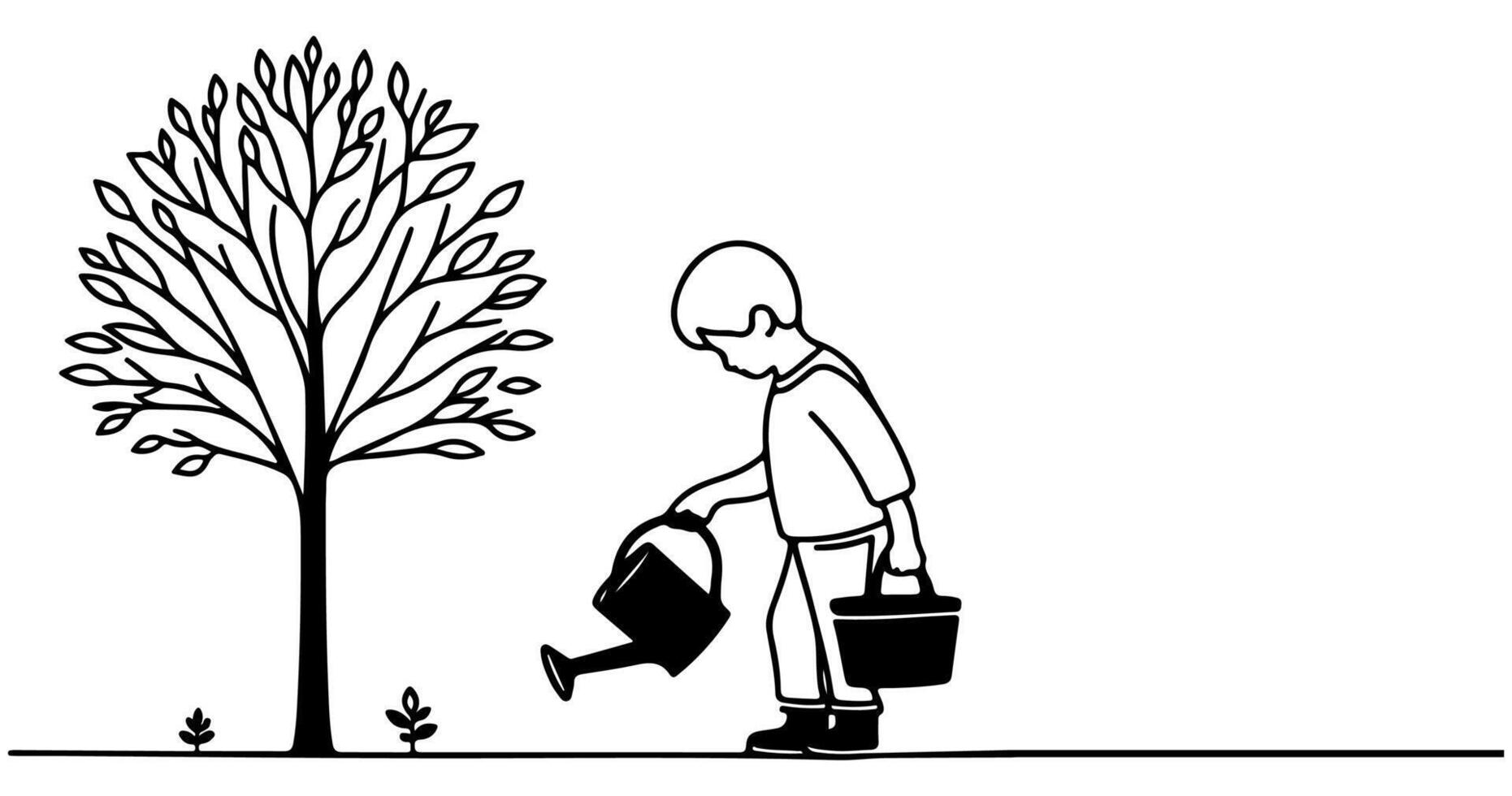 continuo uno negro línea Arte dibujo silueta de niños riego un árbol. plantando árbol a salvar el mundo y tierra día reducir global calentamiento crecimiento concepto vector ilustración en blanco antecedentes