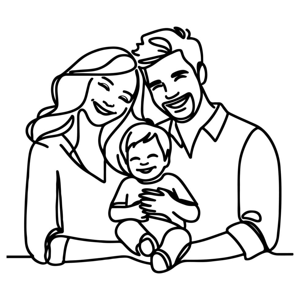 Continuous one black line art drawing happy family father and mother with child doodles style vector illustration on white