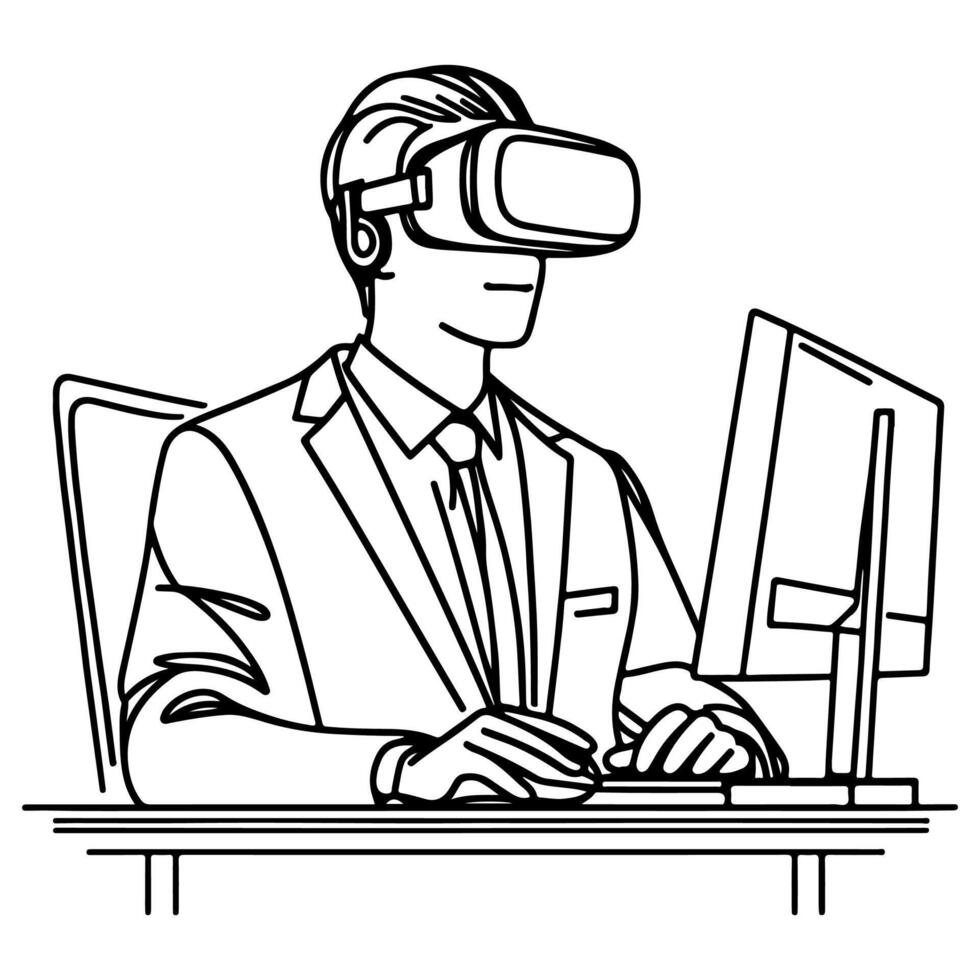 single continuous drawing black line art linear businessman in office using virtual reality headset simulator glasses with computer doodle style sketch vector