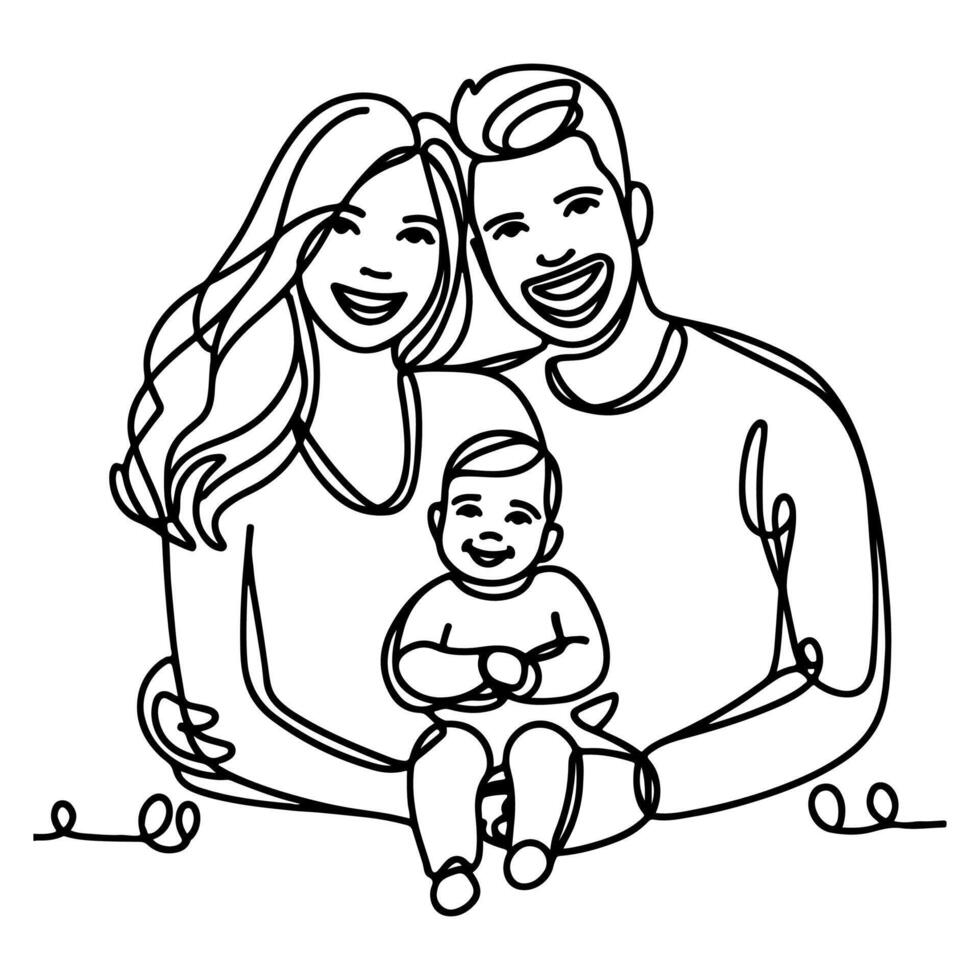 continuo uno negro línea Arte dibujo contento familia padre y madre con niño garabatos estilo vector ilustración en blanco