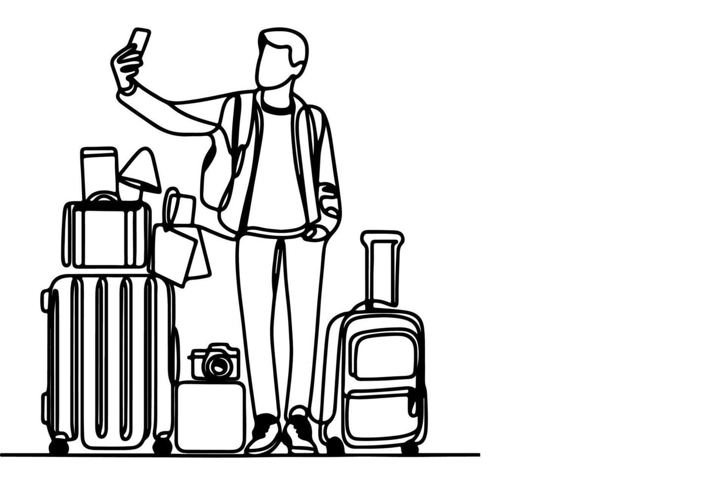 continuous one black line art drawing cheerful young man holding smartphone to taking acting selfie or video call through mobile phone outline doodle vector family travel concept