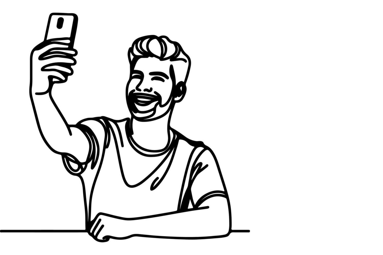 continuous one black line art drawing cheerful young man holding smartphone to taking acting selfie or video call through mobile phone outline doodle vector family travel concept