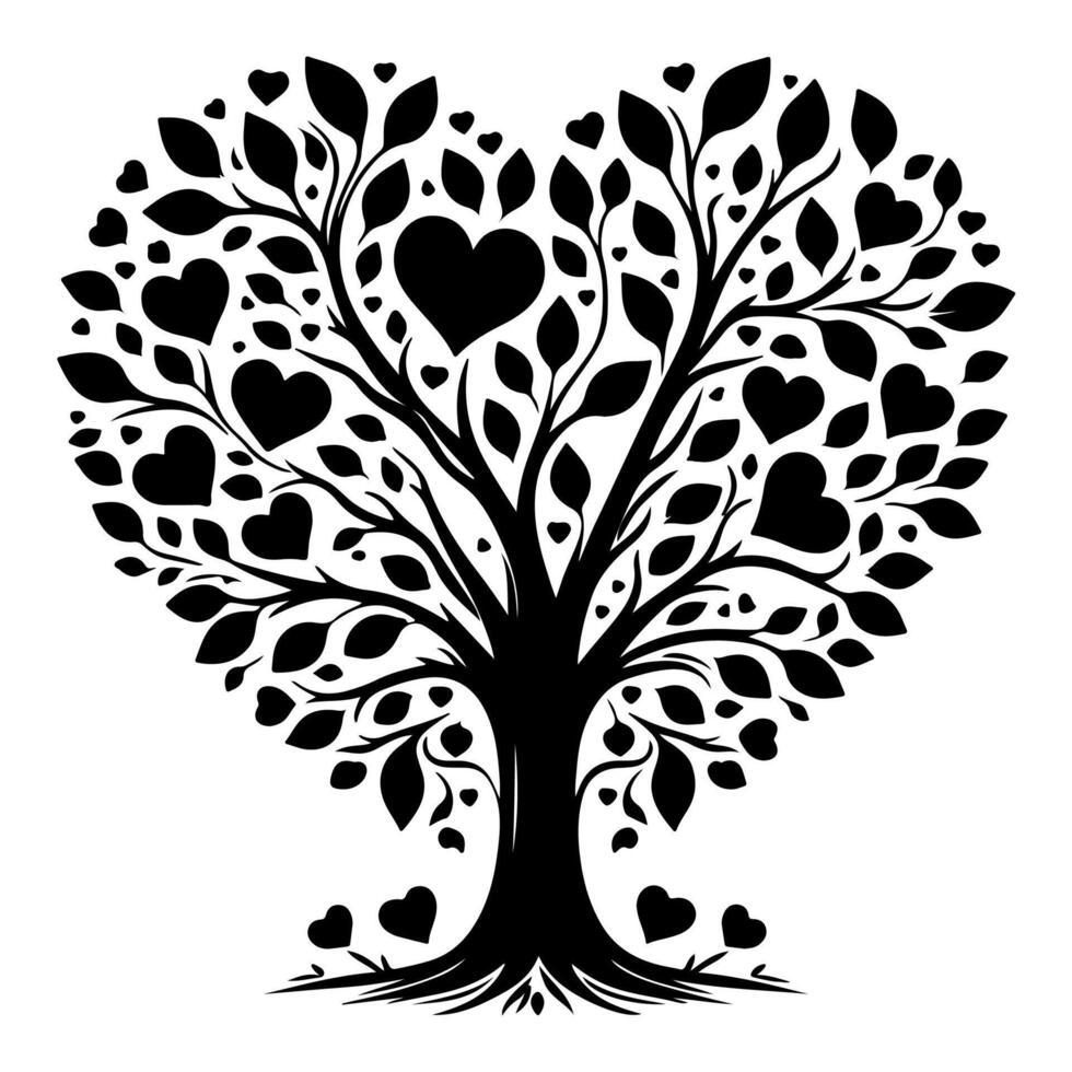 negro amor árbol con corazón hojas. mano dibujar enamorado árbol silueta acortar Arte aislado en blanco fondo, vector ilustración
