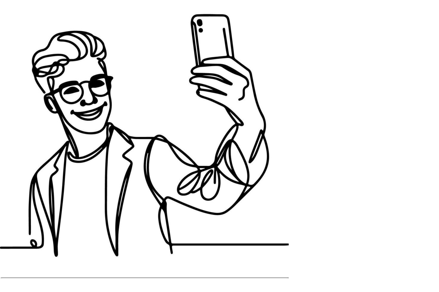 continuous one black line art drawing cheerful young man holding smartphone to taking acting selfie or video call through mobile phone outline doodle vector family travel concept