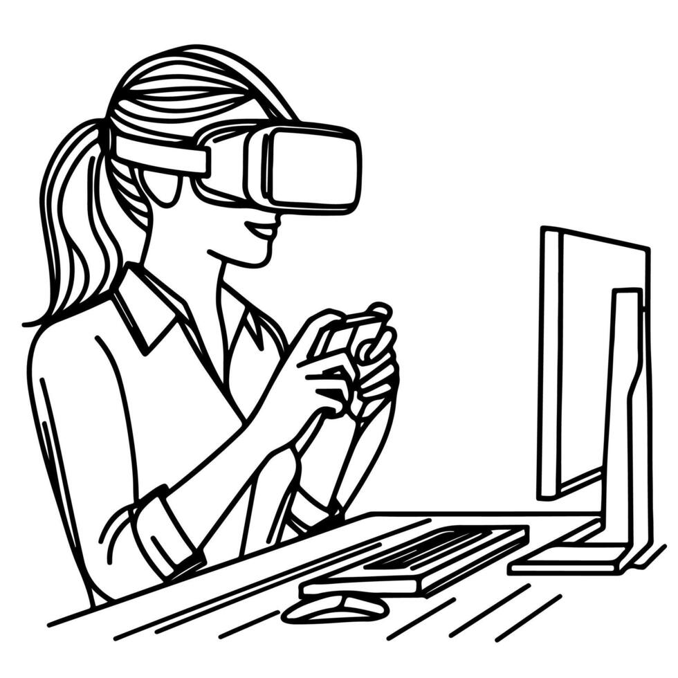 single continuous drawing black line art linear woman in office using virtual reality headset simulator glasses with computer doodle style sketch vector