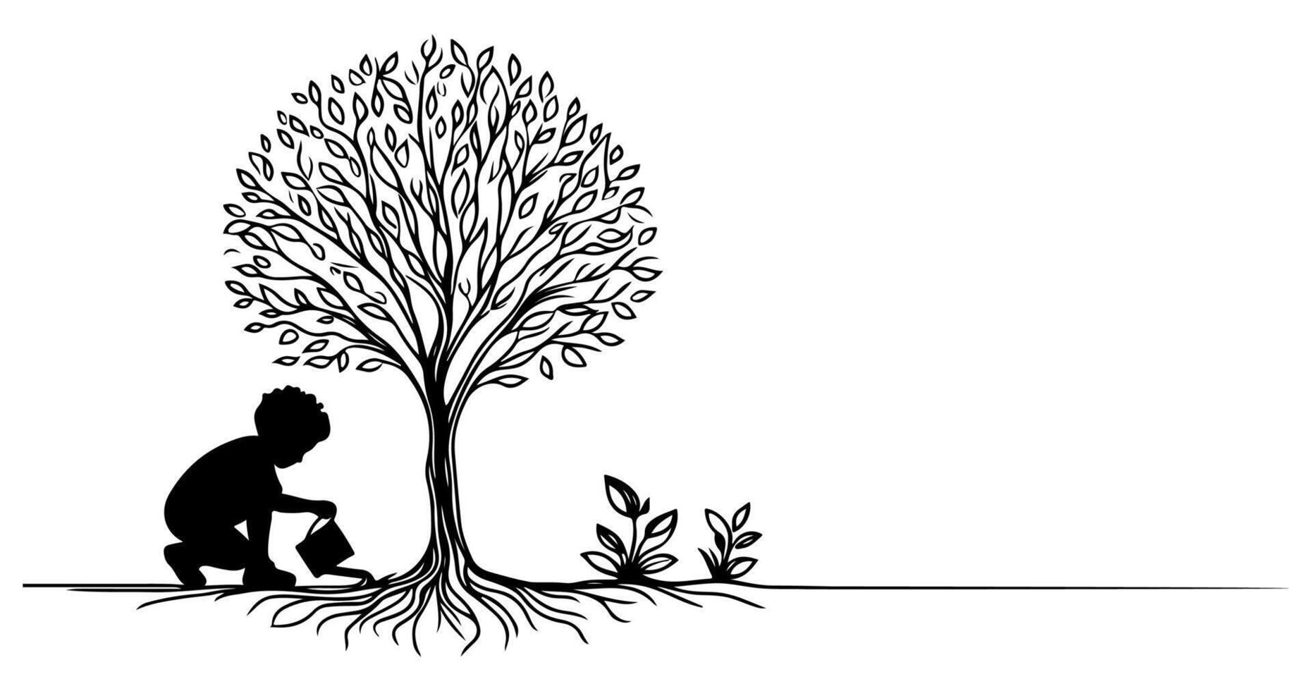 Continuous one black line art drawing Silhouette of children watering a tree. planting tree to save the world and earth day reduce global warming growth concept vector illustration on white background