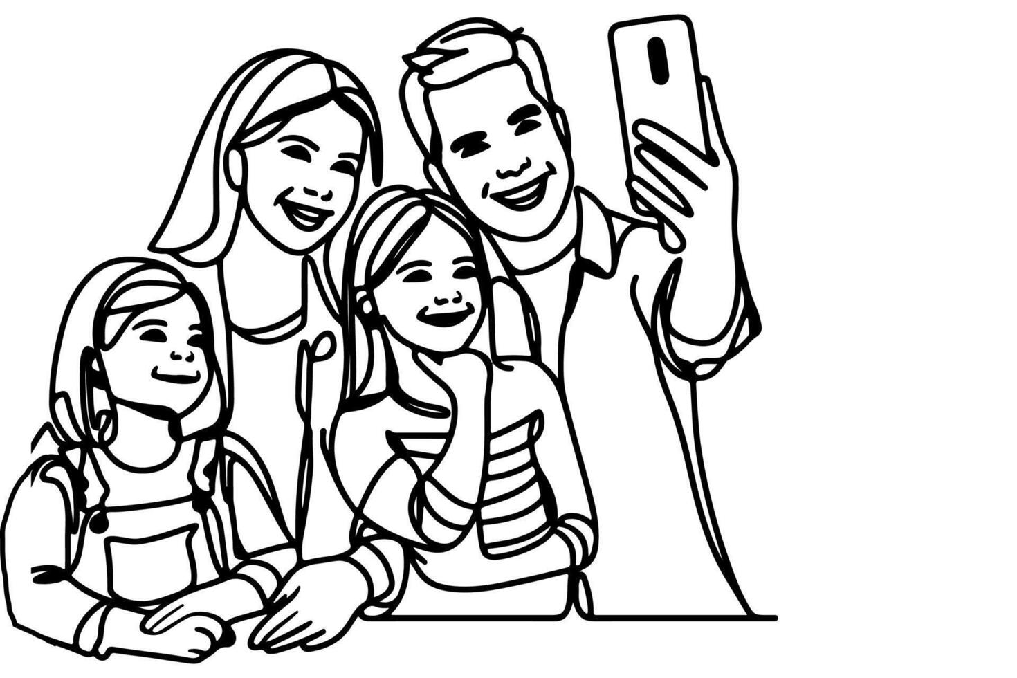 continuo uno negro línea Arte dibujo alegre familia tomando interino selfie o vídeo llamada mediante móvil teléfono contorno garabatear vector familia viaje concepto