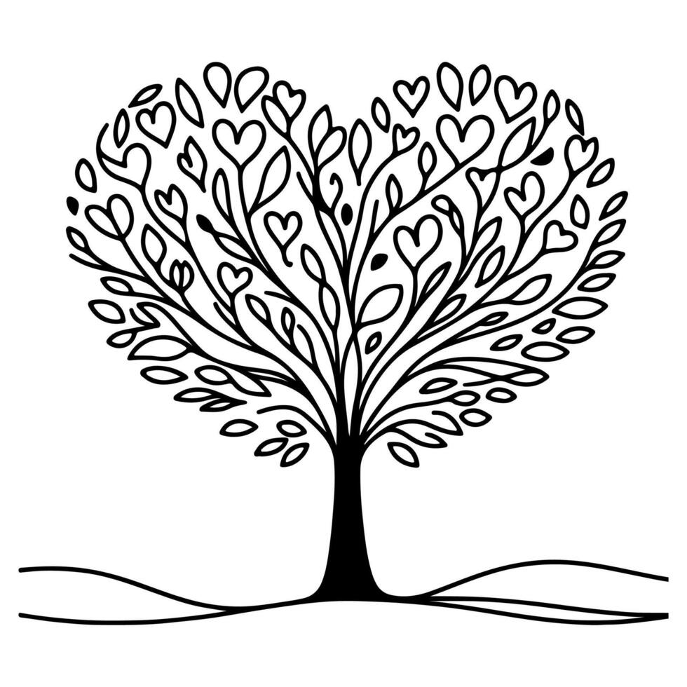 Black love tree with heart leaves. hand draw Valentine tree silhouette clip art isolated on white background, vector illustration