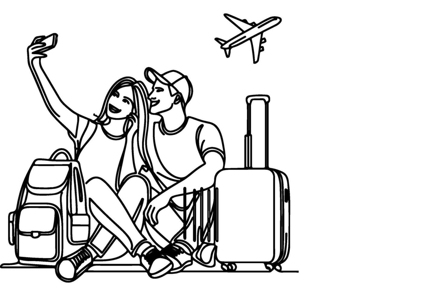 continuous one black line art drawing cheerful young man and girl  holding smartphone to taking acting selfie or video call through mobile phone outline doodle vector family travel concept