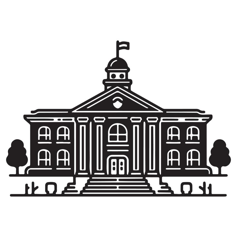 doodle black line school building icon flat silhouette build vector illustration on white background